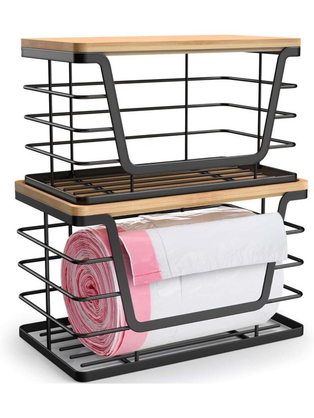 New 2 Pack Stackable Bamboo Top Trash Bag Holder Wall Mount Kitchen Organizer